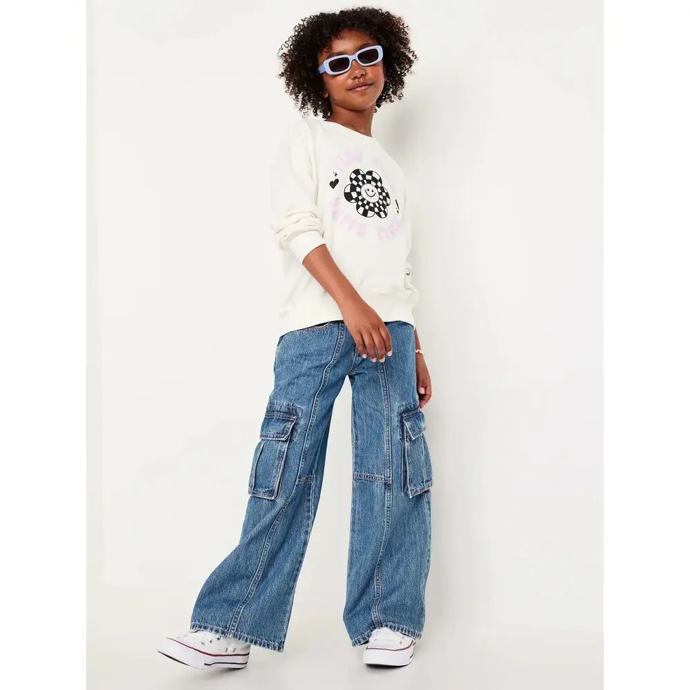 Old Navy High Waisted Super Baggy Wide-Leg Cargo Jeans Blue Indigo Girls 12